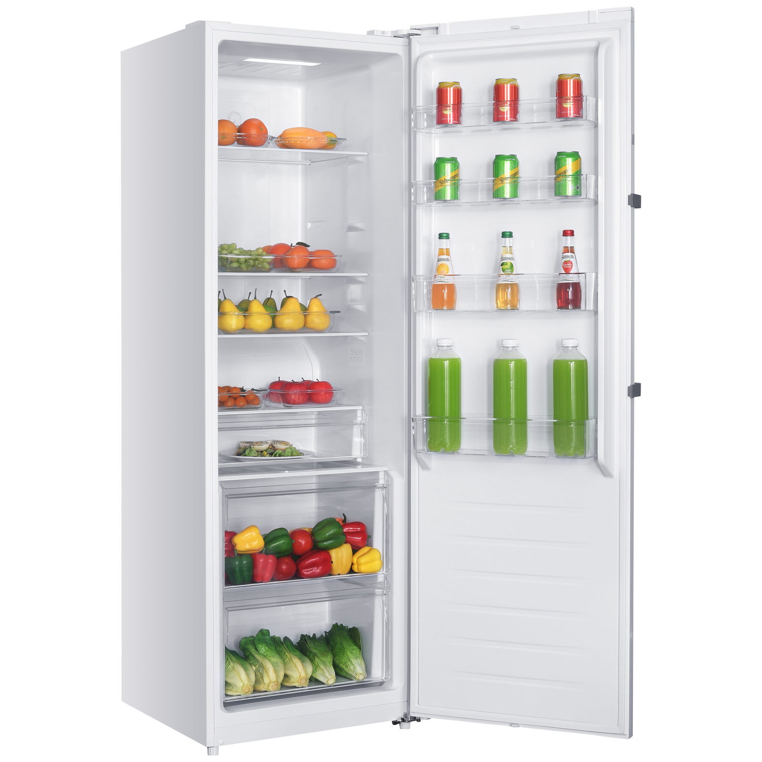 An open refrigerator with fruit, vegetables, and drinks on shelves.