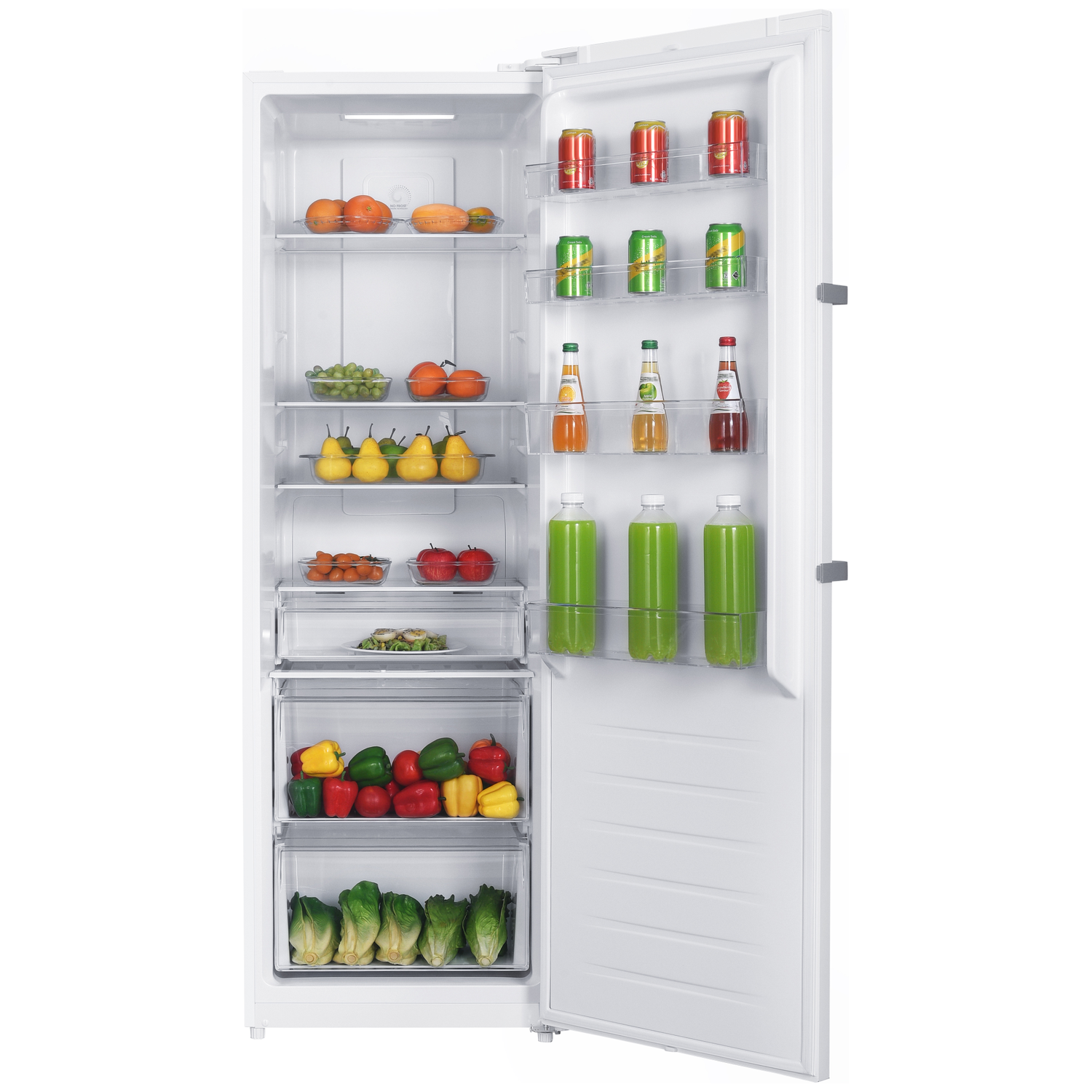 An open white refrigerator stocked with fruits, vegetables, drinks, and cans.