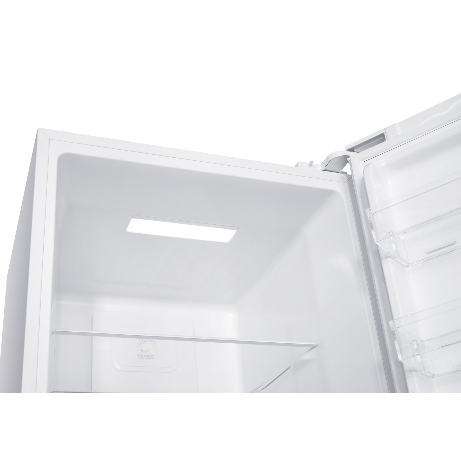 Empty white refrigerator interior with shelf and door bins.