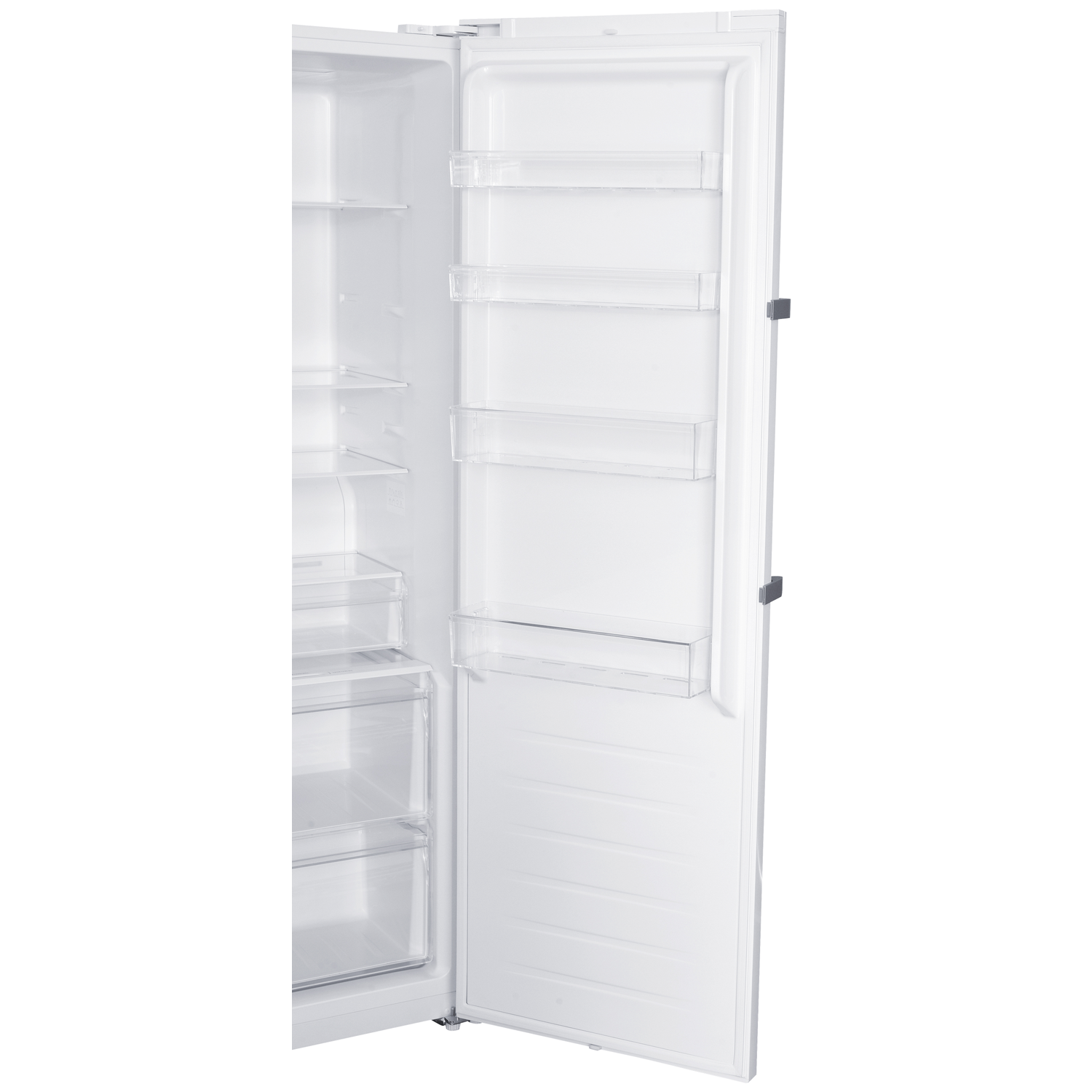 Interior view of a white refrigerator with open doors and glass shelves.
