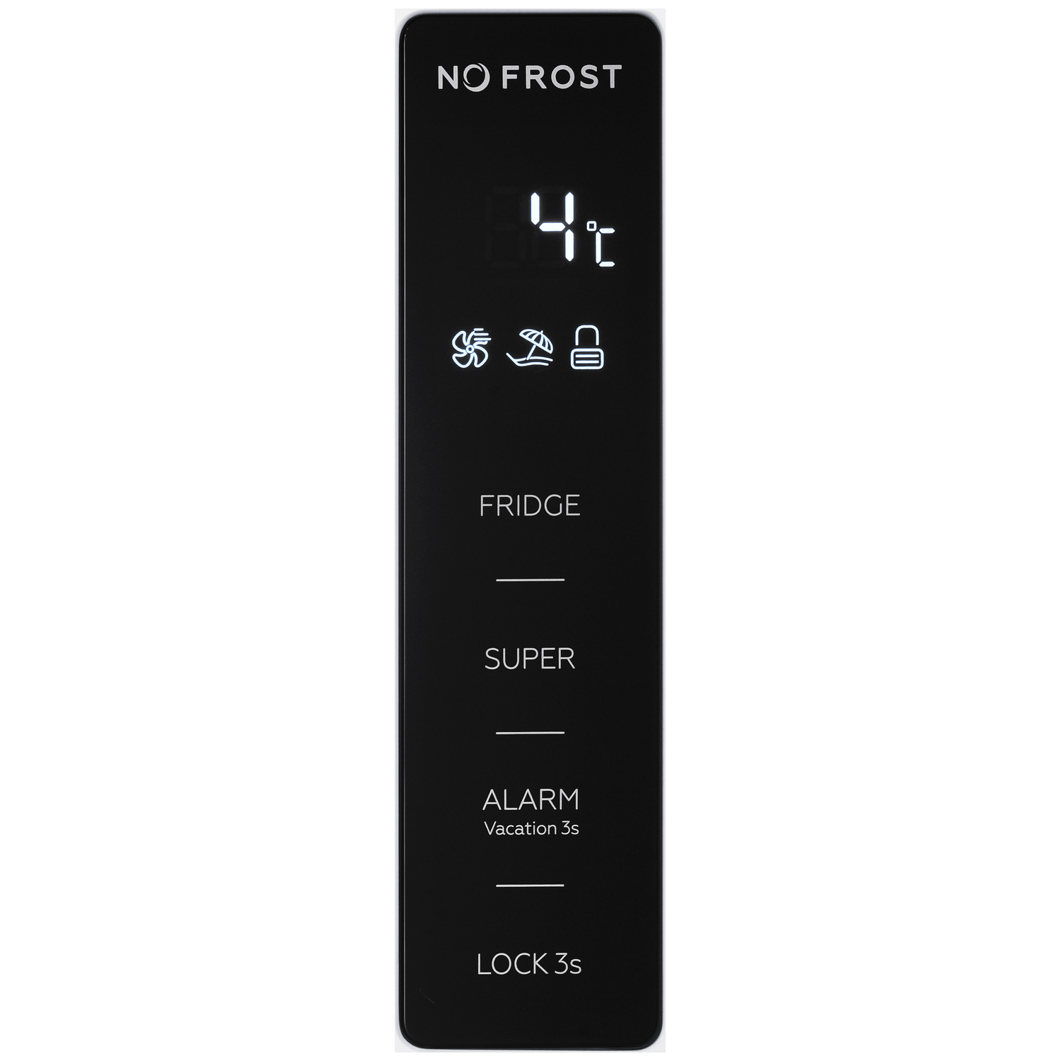 Digital display: 4°C, fan, sun, lock. Menu: FRIDGE, SUPER, ALARM, LOCK.