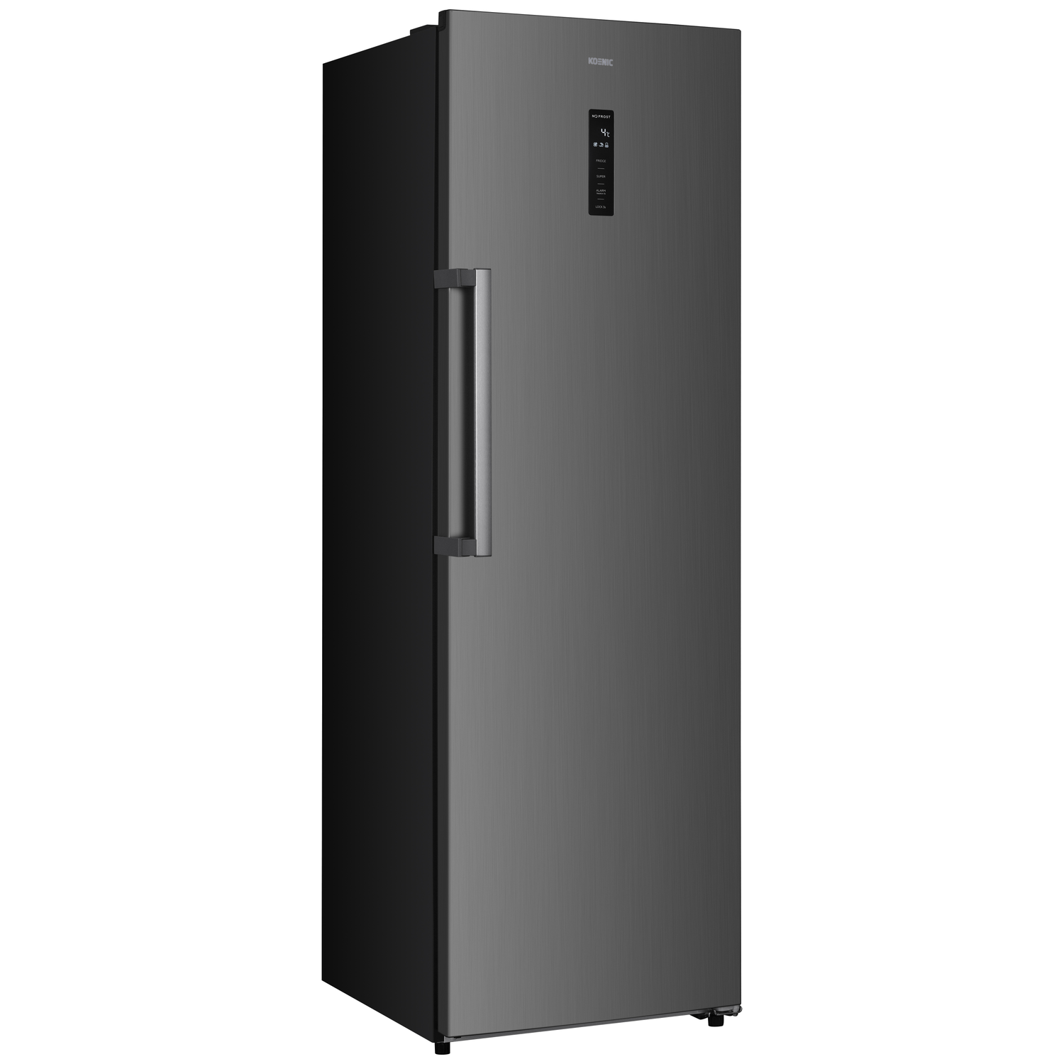 A sleek, dark refrigerator with a silver handle and a digital display panel.