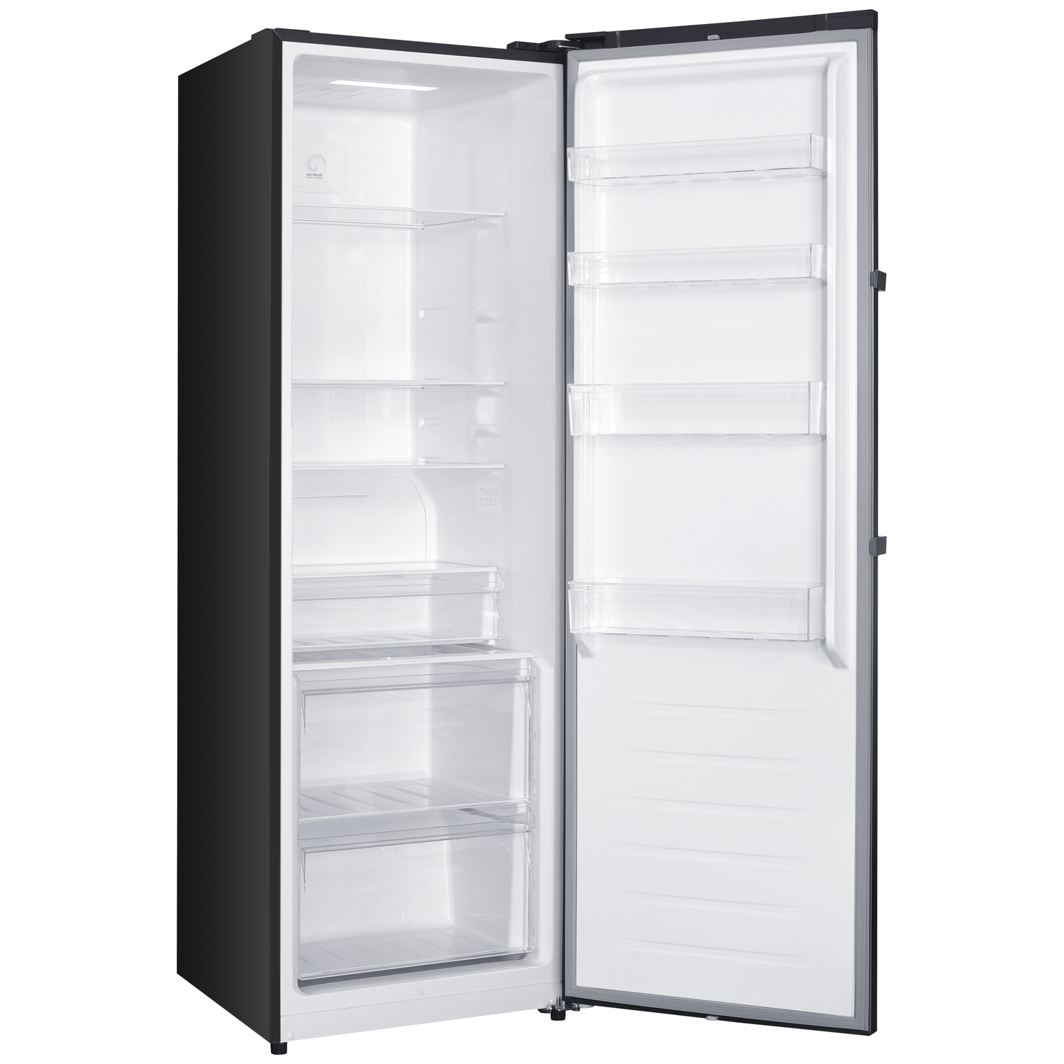 A black refrigerator with its door open shows empty white shelves and drawers inside.