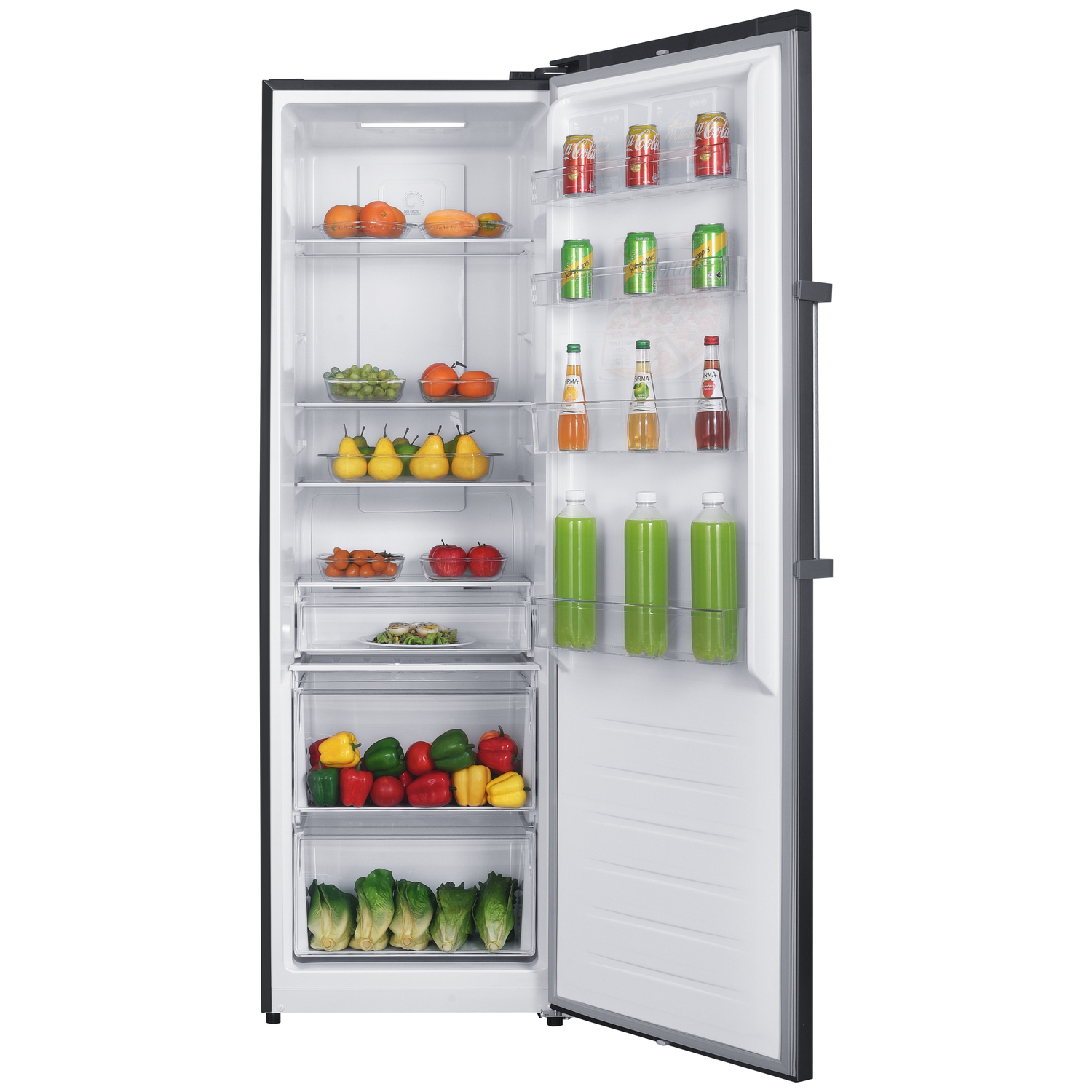 An open refrigerator filled with fruits, vegetables, drinks, and cans.