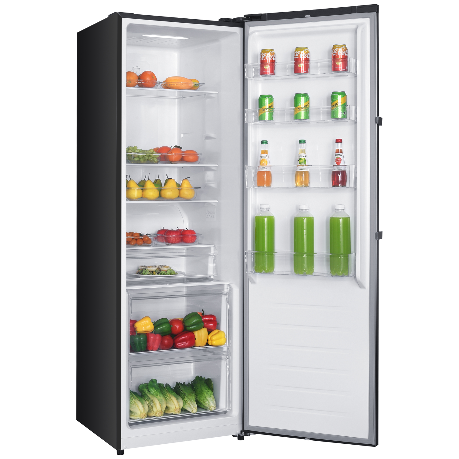 An open black refrigerator with fruits, vegetables, and drinks on shelves.