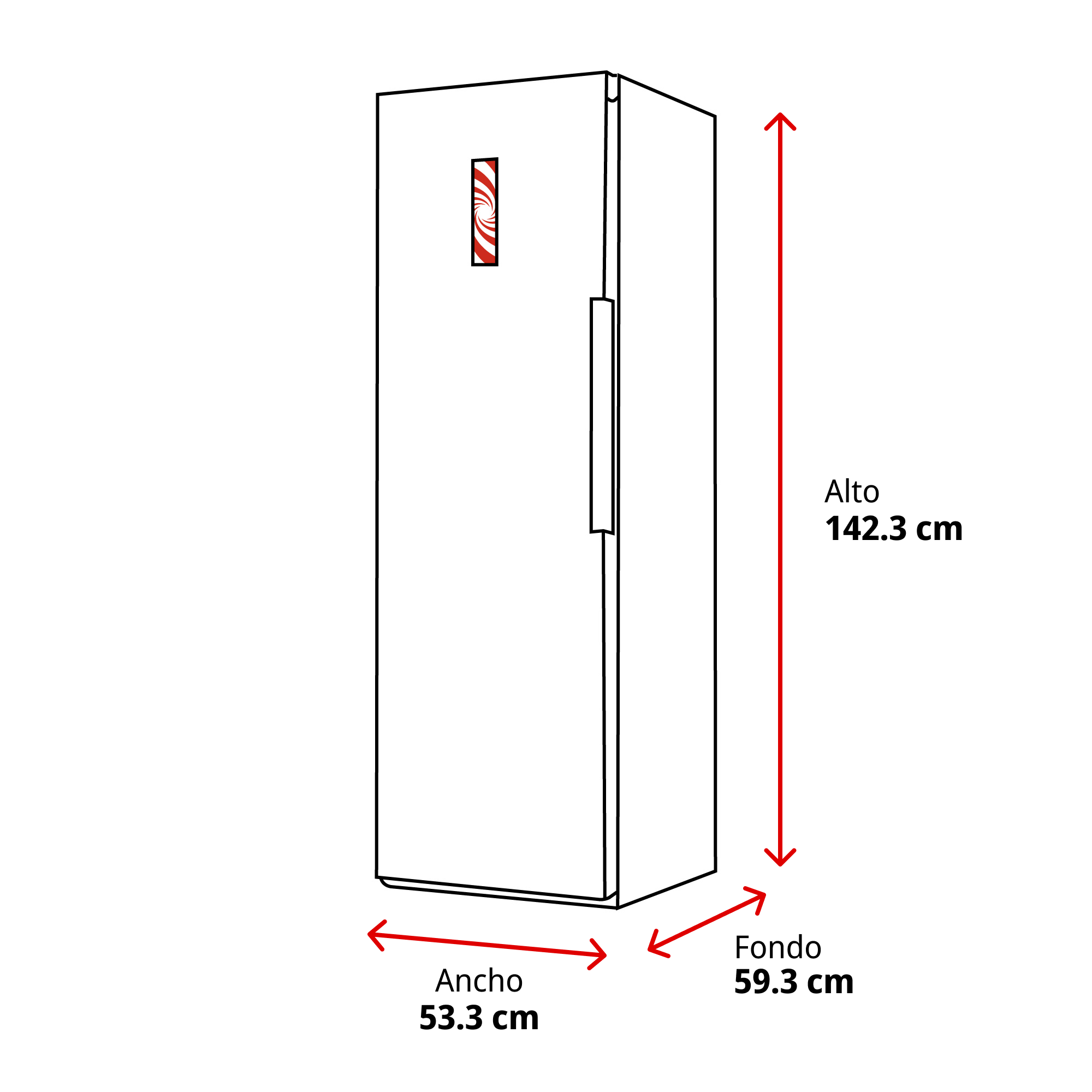 Un refrigerador con dimensiones: Alto 142,3 cm, Ancho 53,3 cm, Fondo 59,3 cm.