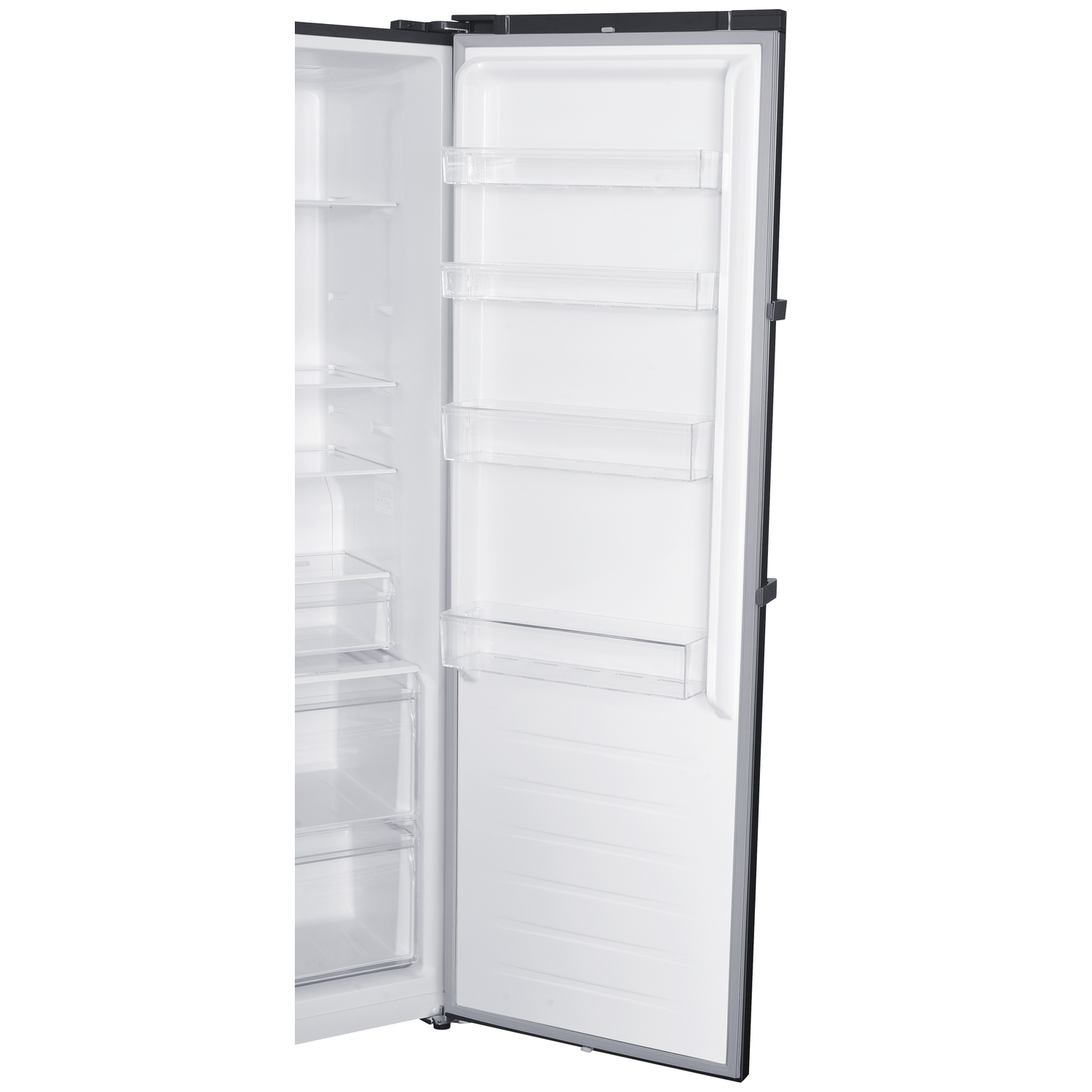 An empty refrigerator with its door open, showing glass shelves and drawers.