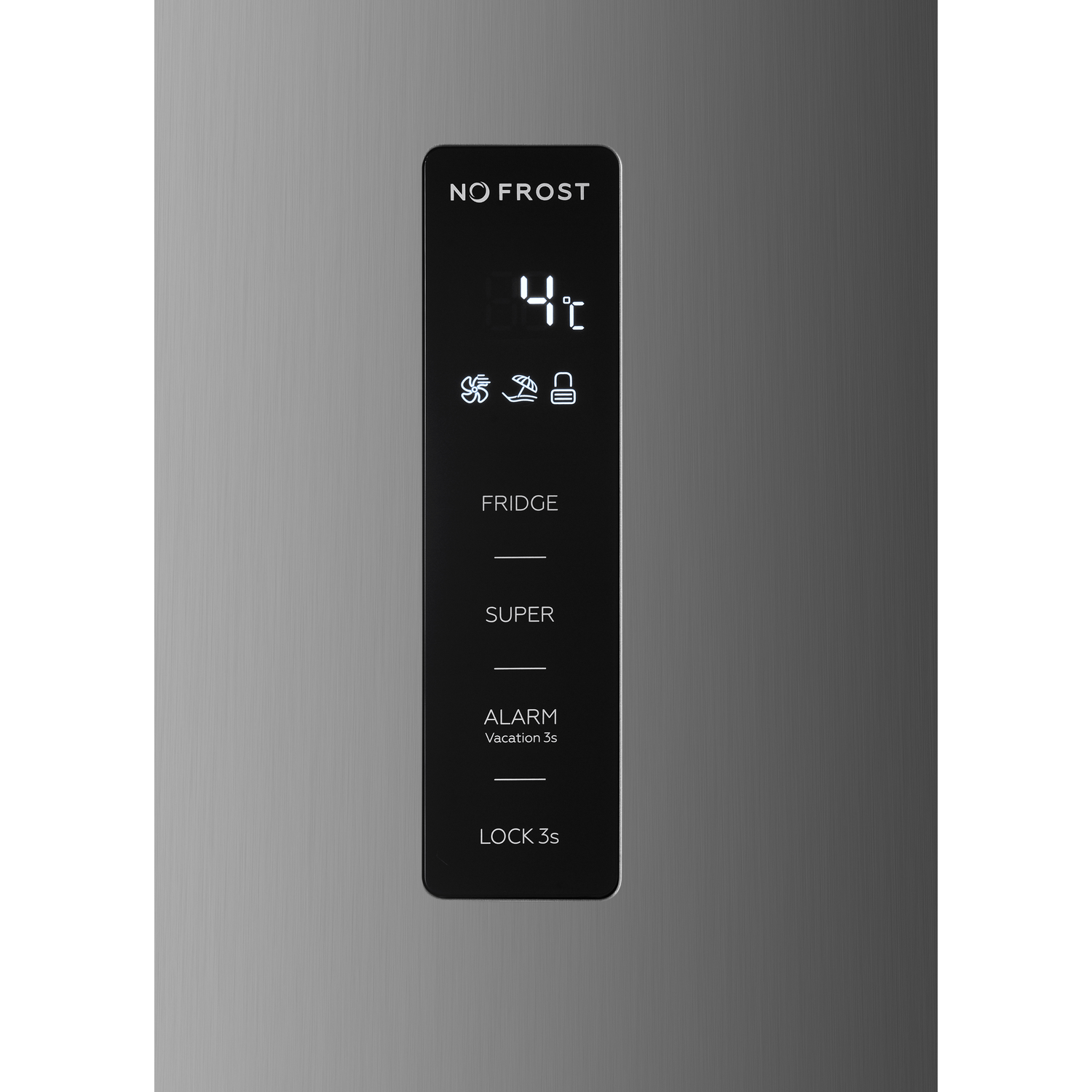 Fridge display shows 4°C, fan, vacation, and lock icons.