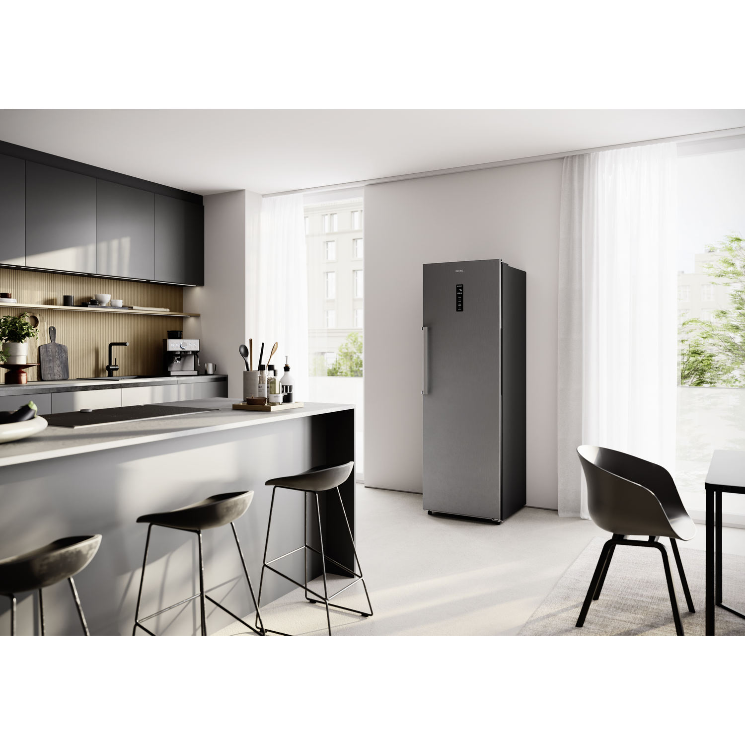 Modern kitchen with gray island, stools, refrigerator, and chair.