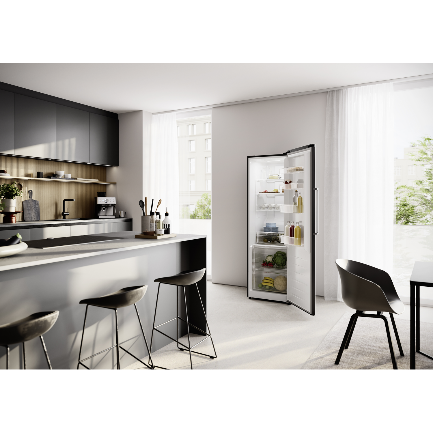 A modern kitchen with an open refrigerator, bar, and chairs.