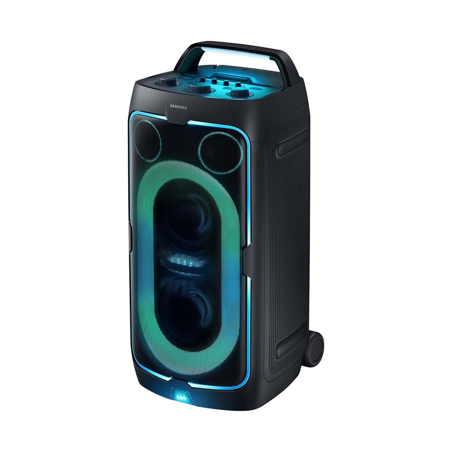Altoparlante Samsung portatile nero con luci blu e verdi e ruote.