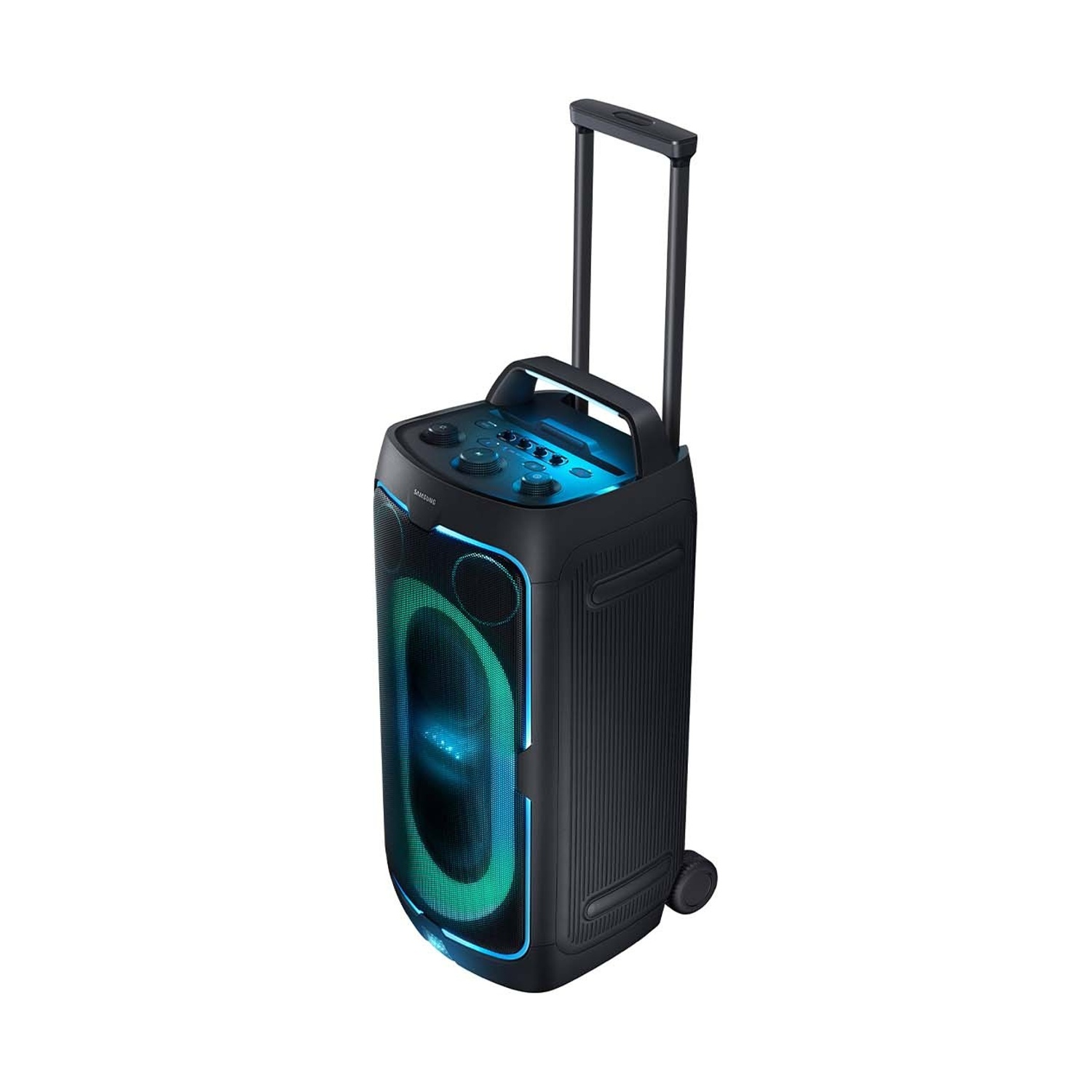 Cassa portatile nera con ruote e maniglia, illuminata da luci blu e verdi.