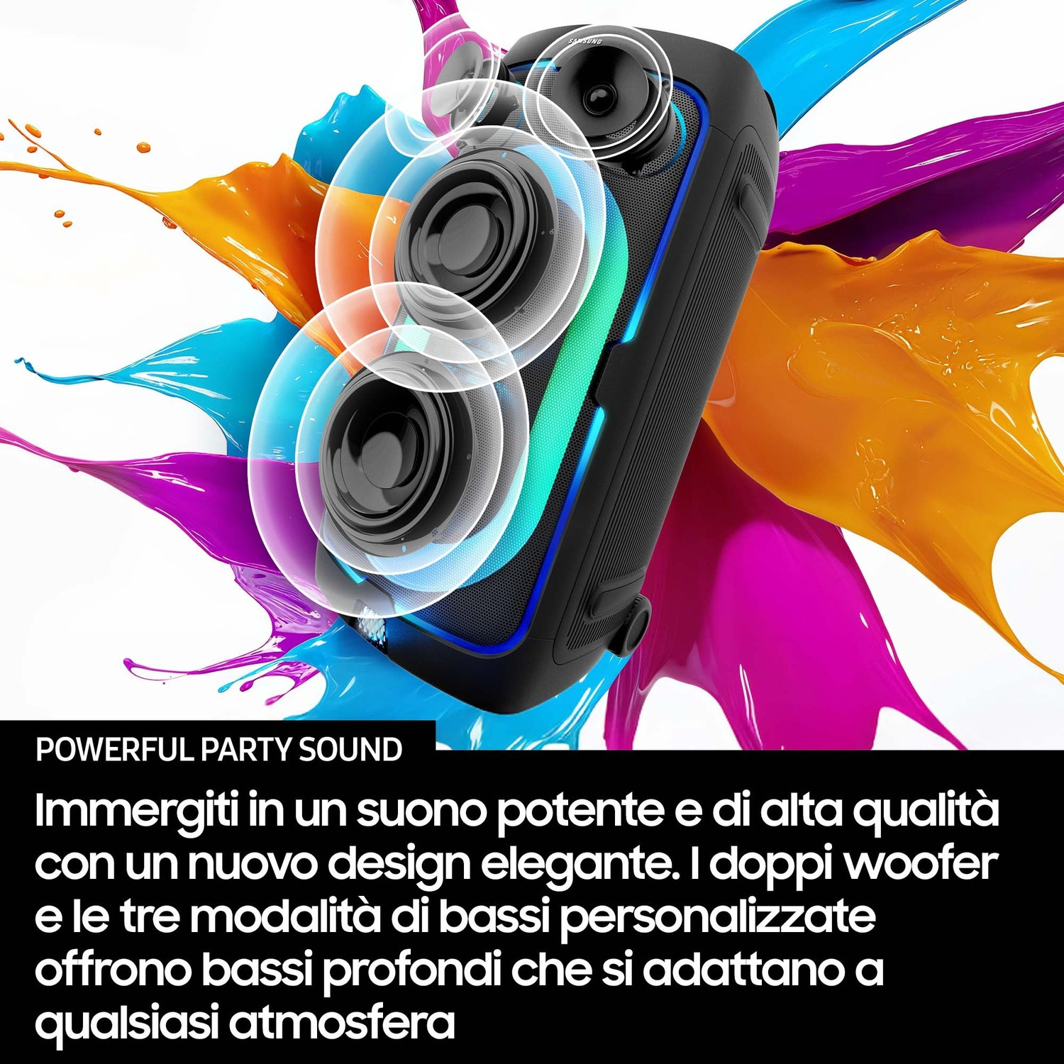 Un altoparlante nero con schizzi di vernice colorati. Luci luminose.