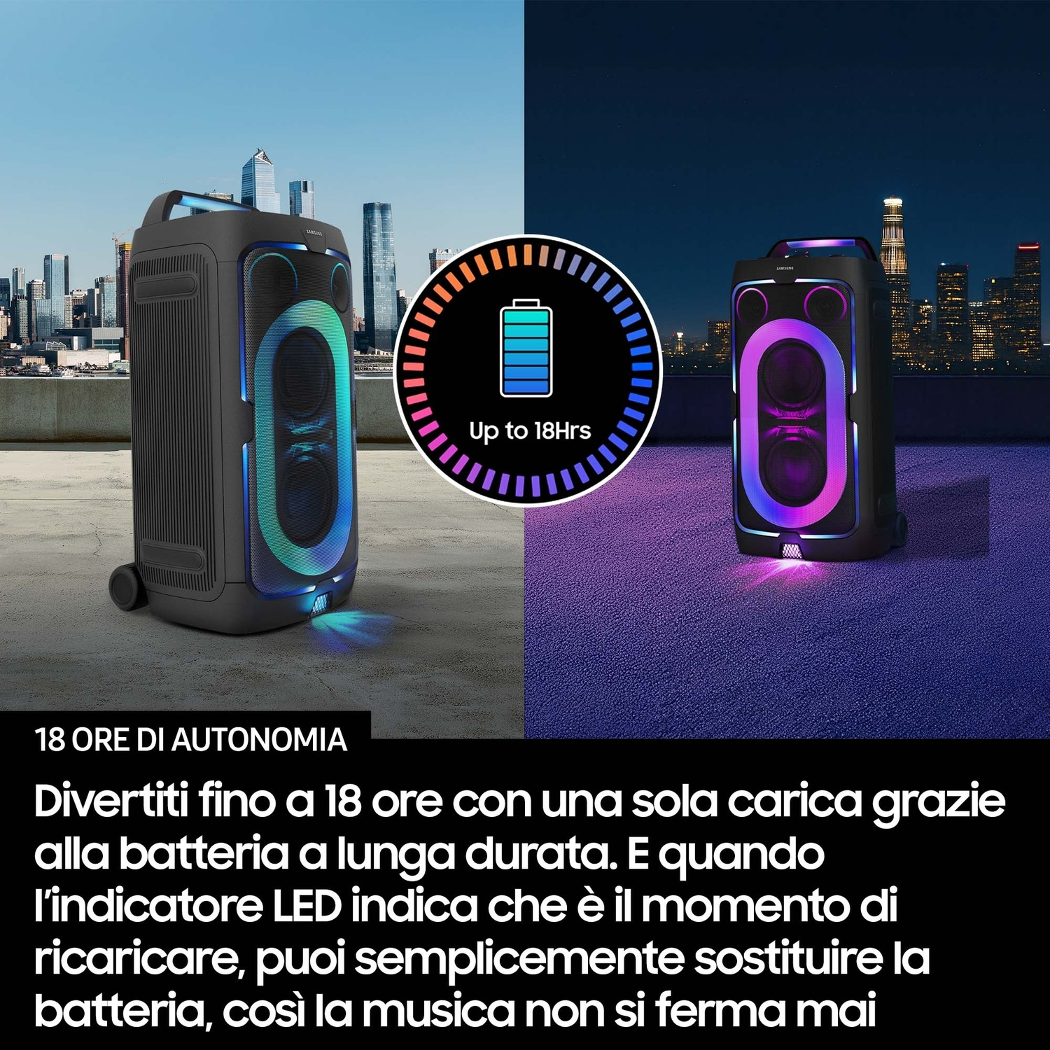 Un altoparlante portatile con luci LED, che offre fino a 18 ore di autonomia.