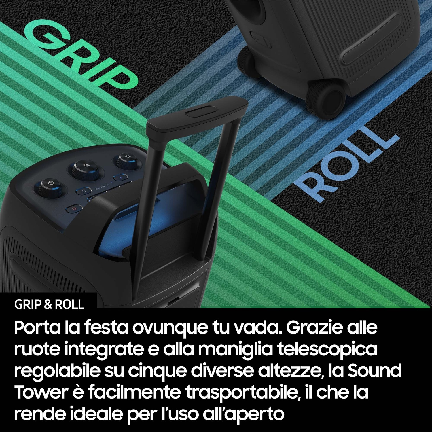 Cassa nera su ruote con maniglia estraibile. Testo: GRIP & ROLL.