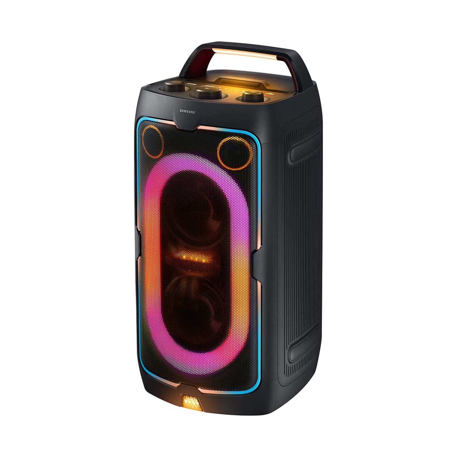 Altoparlante portatile nero con effetti luce LED colorati e maniglia.