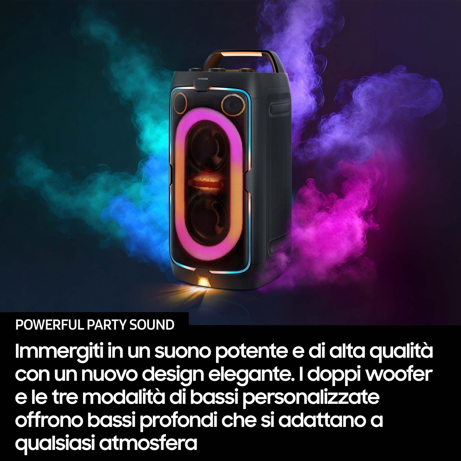 Altoparlante nero con luci colorate e fumo.