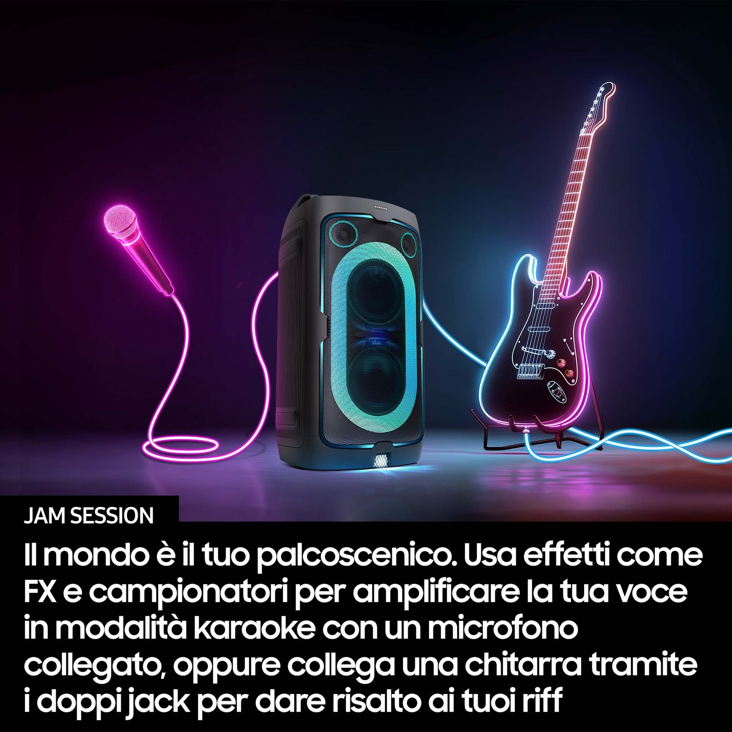 Un altoparlante con microfono e chitarra, illuminato da luci al neon.