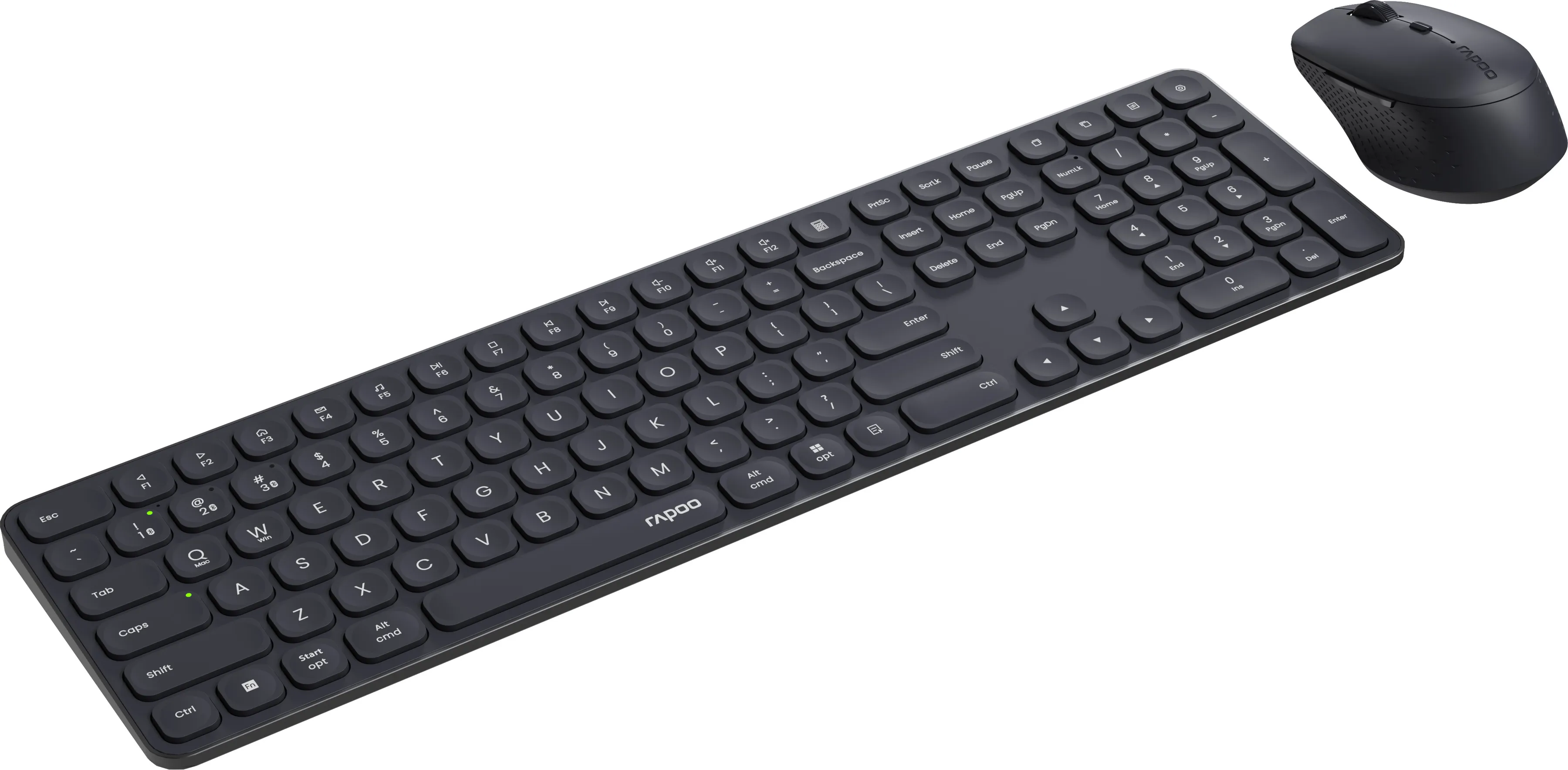 Un clavier et une souris sans fil noirs sur fond blanc.