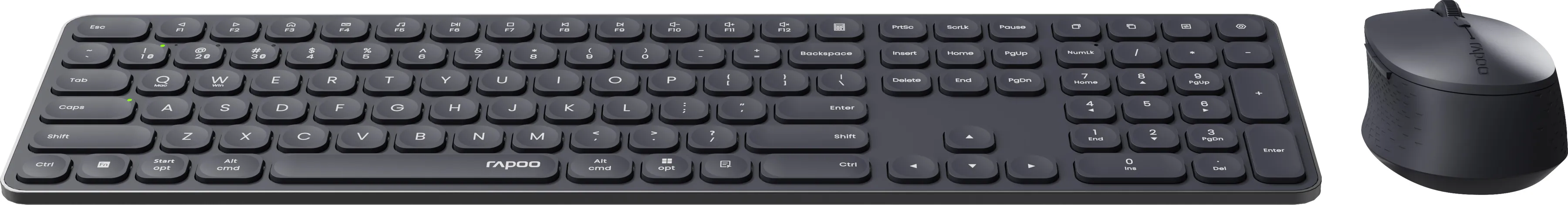 Un clavier et une souris sombres sont côte à côte sur fond blanc.