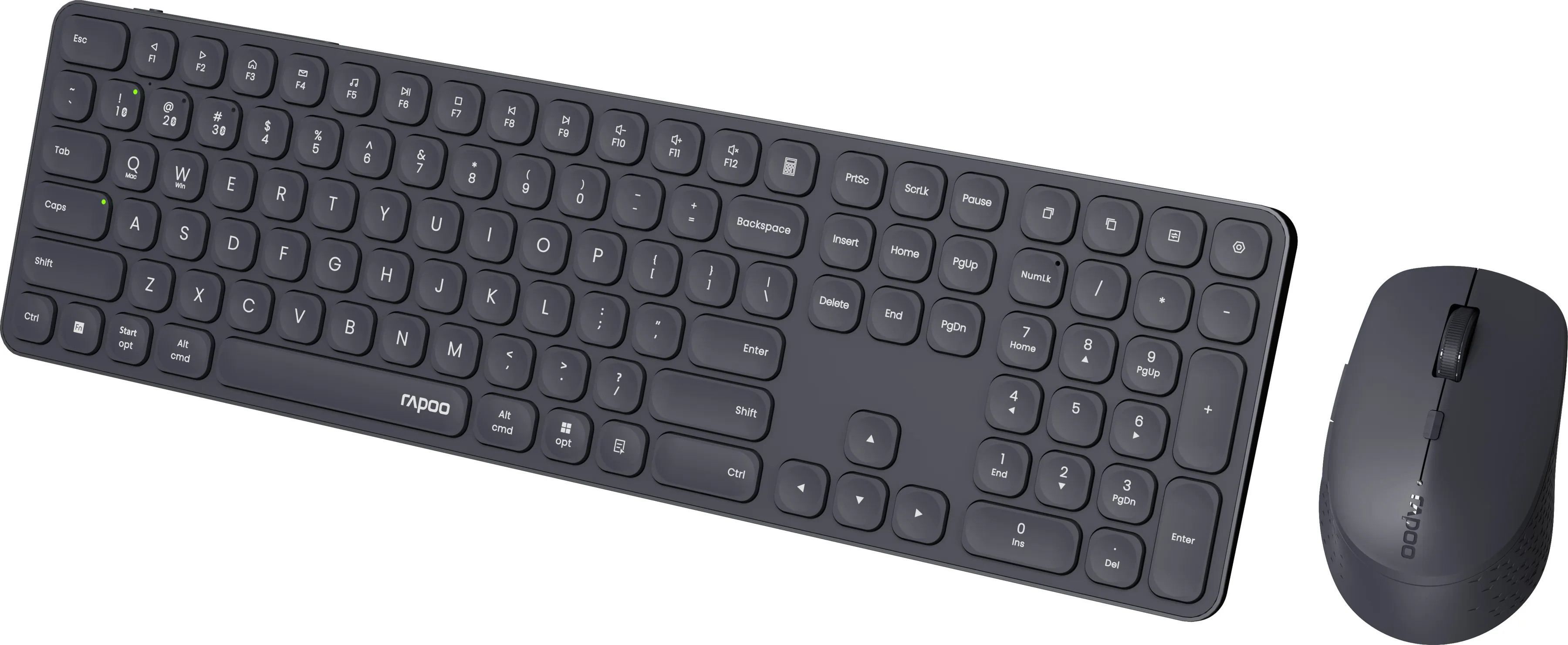 Un clavier et une souris sombres sur fond blanc.