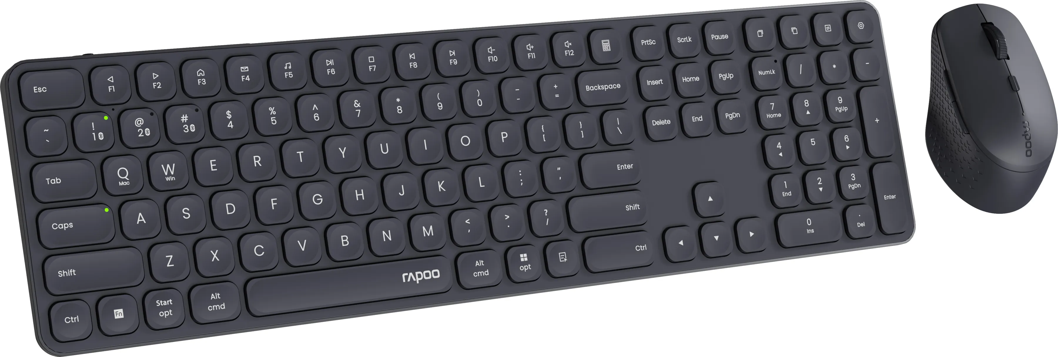 Clavier et souris gris foncé sur fond blanc.