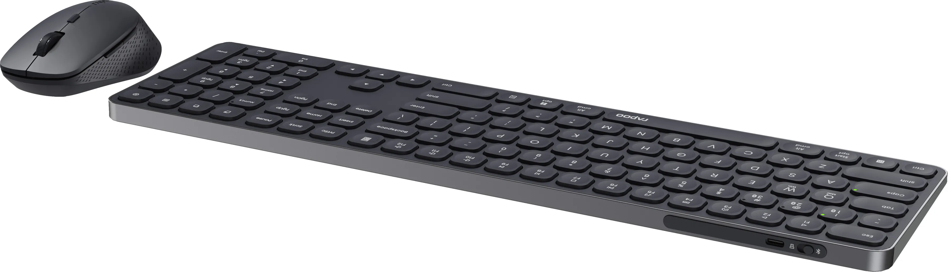 Ensemble souris et clavier sans fil gris sur fond blanc.