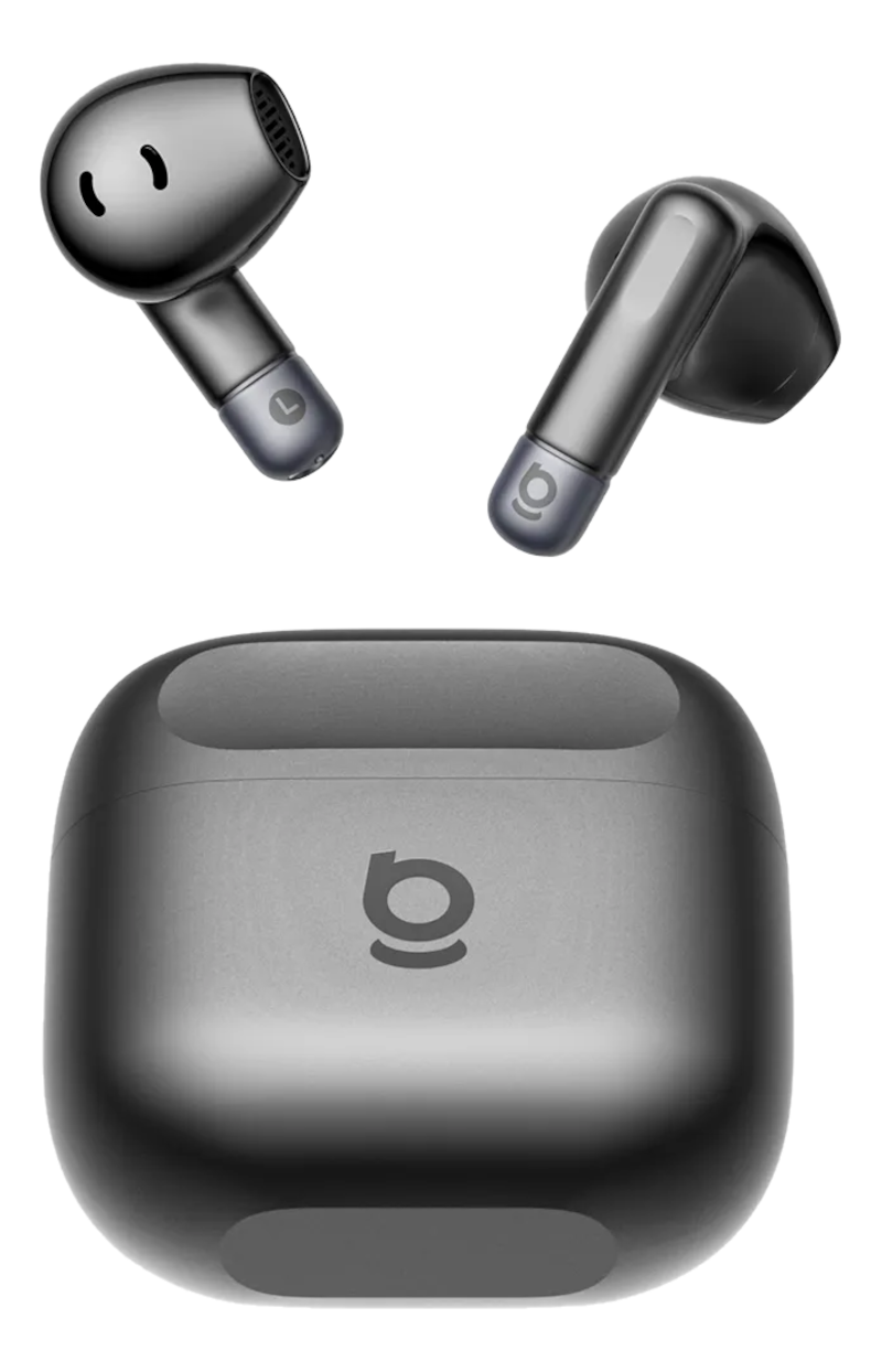 Graue kabellose Ohrhörer mit Ladecase und Logo.