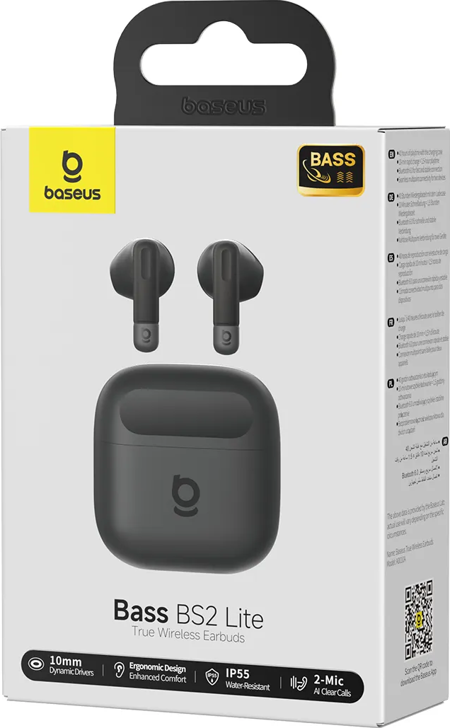 Verpackung von schwarzen Baseus Bass BS2 Lite True Wireless Earbuds.