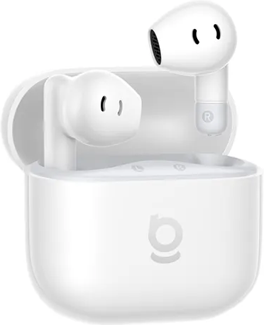 Écouteurs sans fil blancs dans un étui de chargement blanc avec logo.