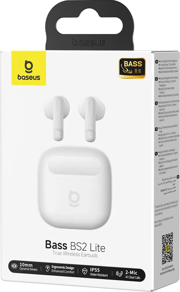 Écouteurs sans fil blancs Baseus Bass BS2 Lite avec boîtier de chargement sur boîte.