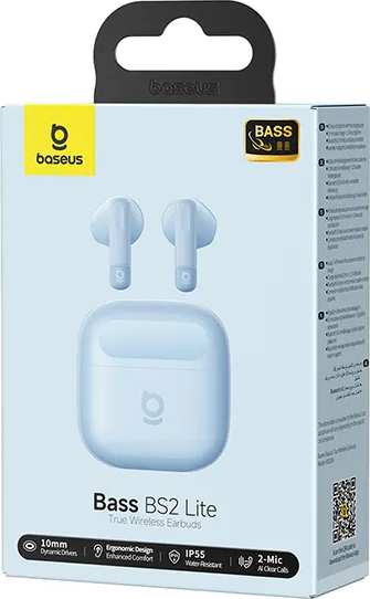 Verpackung von Baseus Bass BS2 Lite True Wireless Ohrhörern in Hellblau.