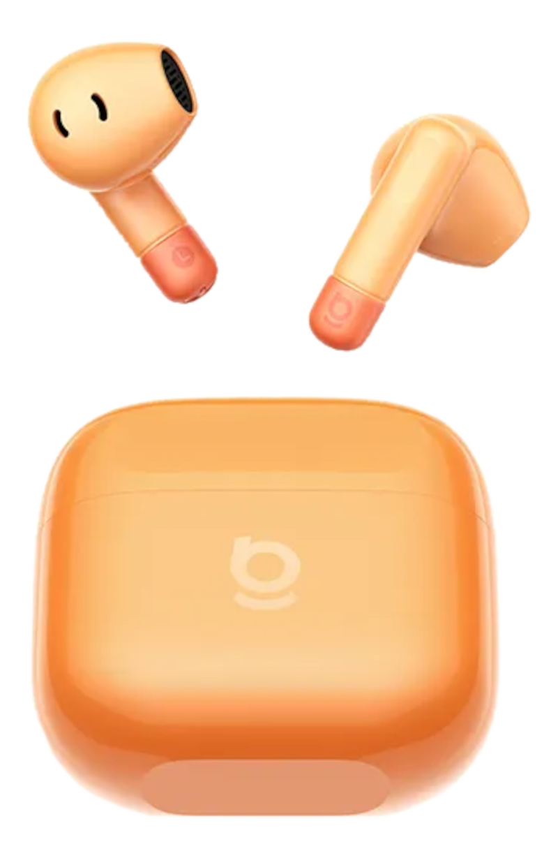 Orange Ohrhörer und Ladecase mit Logo.
