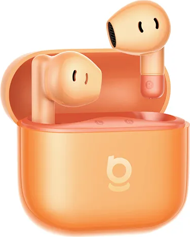 Orange Ohrhörer mit Ladecase, ein Ohrhörer im Case, einer herausragend.