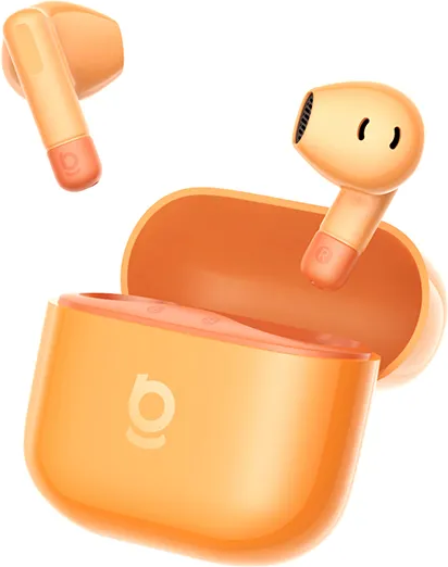 Orange Ohrhörer und Ladehülle. Ein Ohrhörer in Hülle, einer daneben.