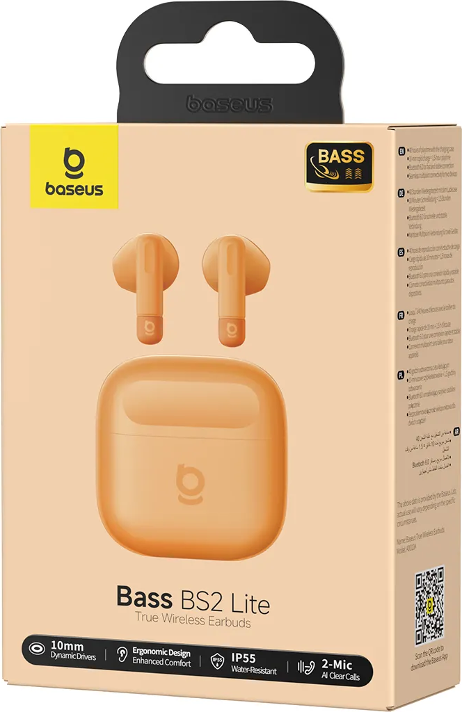 Verpackung von Baseus Bass BS2 Lite True Wireless Ohrhörern in Orange.
