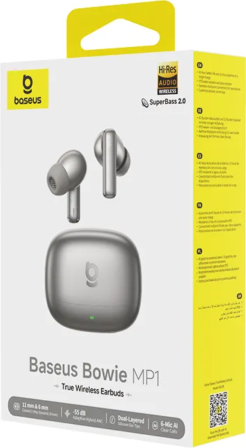 Graue Baseus Bowie MP1 True Wireless Ohrhörer mit Ladecase auf Produktverpackung.