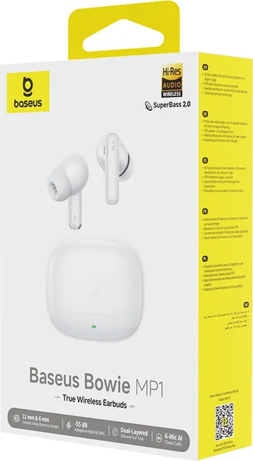 Boîte Baseus Bowie MP1 True Wireless Earbuds montrant écouteurs et étui de chargement.