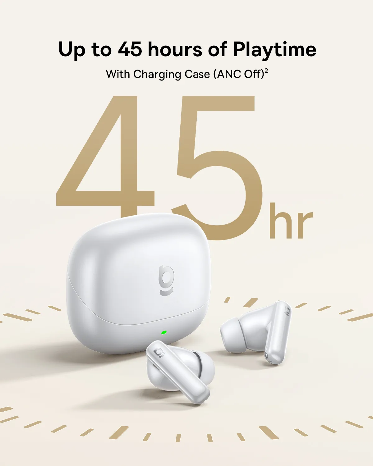 Écouteurs blancs et étui de chargement avec le chiffre 45 pour 45 heures d'autonomie.