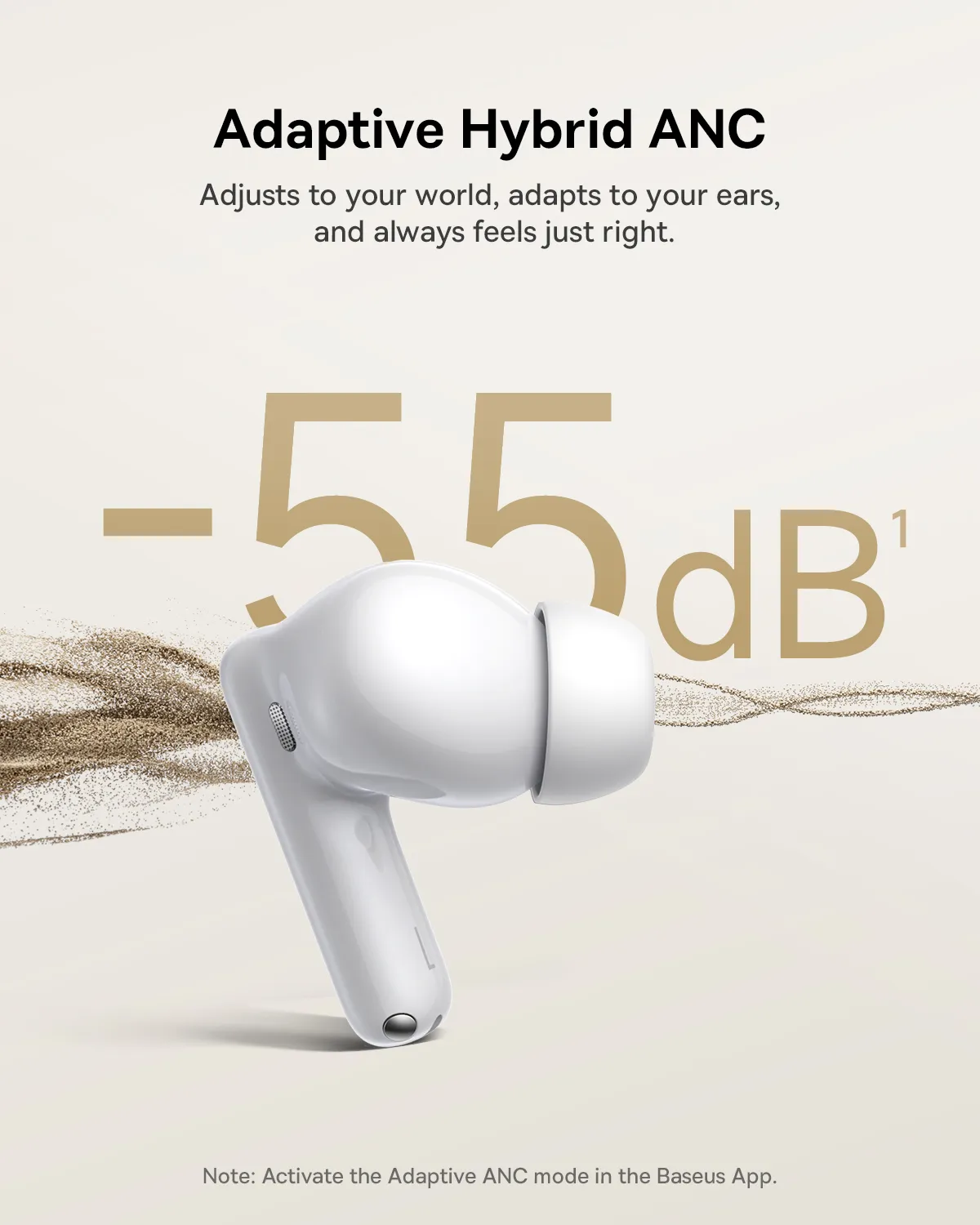Écouteurs blancs avec texte "-55dB", présentant la technologie ANC hybride adaptative.