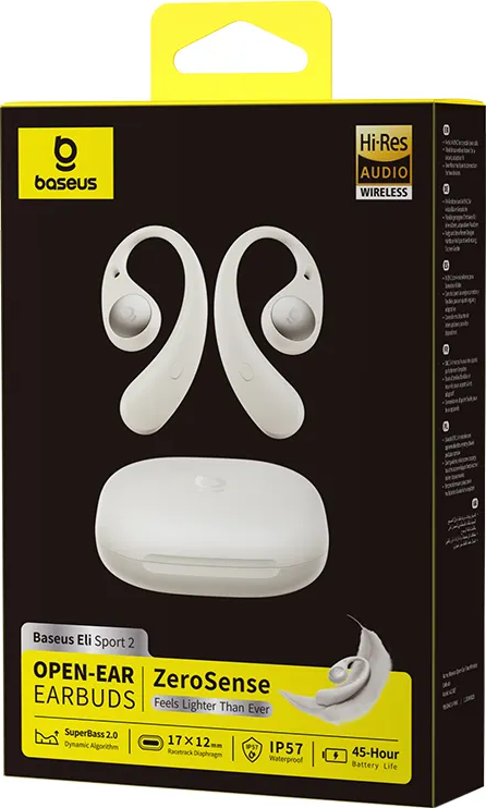 Verpackung für weiße Baseus Eli Sport 2 Open-Ear-Kopfhörer mit Ladecase.