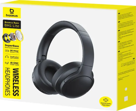 Cuffie nere Baseus BH1 Lite su scatola gialla con caratteristiche.