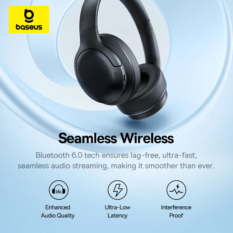 Cuffie nere con logo Baseus, connessione wireless fluida.