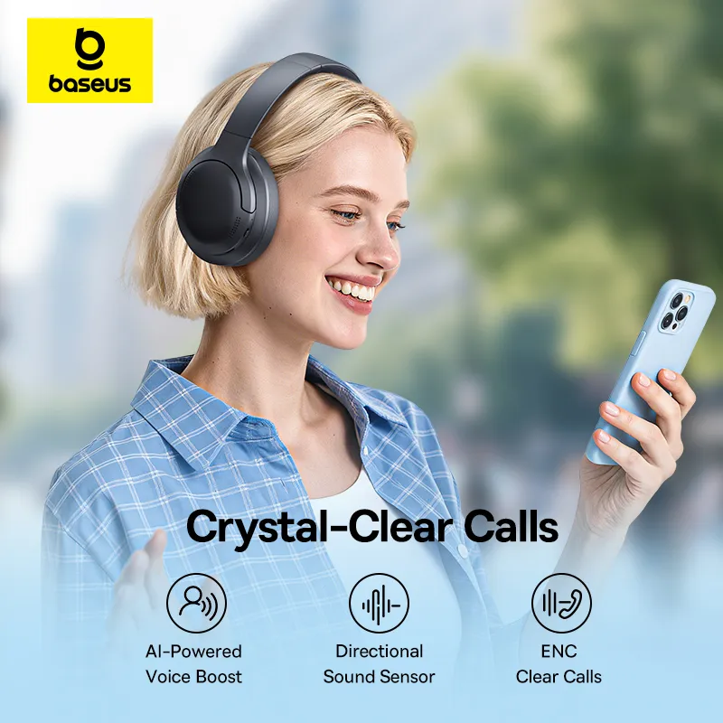 Donna con cuffie e telefono, logo Baseus, chiamate cristalline