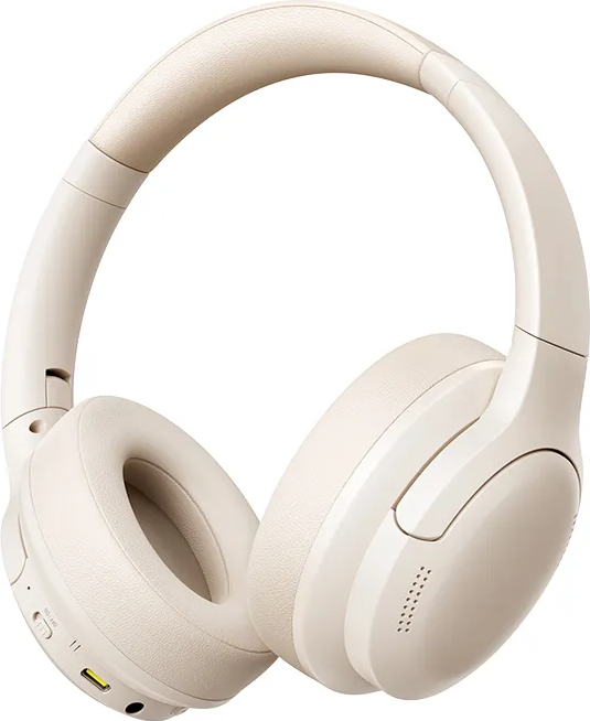 Cuffie beige con archetto e padiglioni imbottiti. Sfondo bianco.