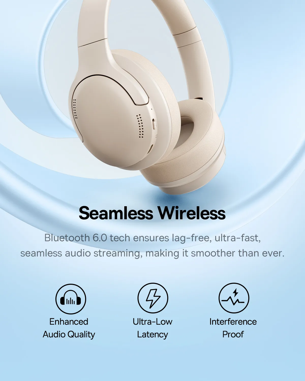 Cuffie beige con Bluetooth 6.0, qualità audio, bassa latenza.