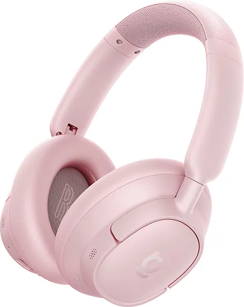 Casque rose circum-aural avec arceau rembourré et écouteurs matelassés.
