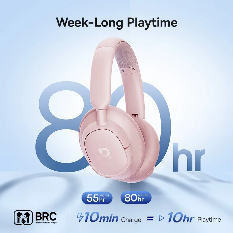 Un casque rose au premier plan. En arrière-plan, 80 heures.