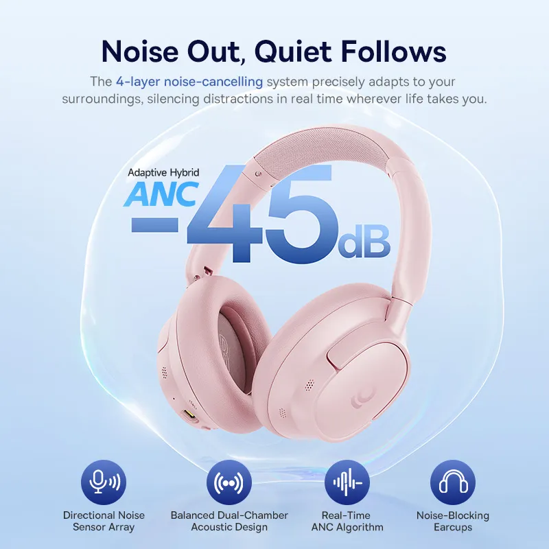 Casque rose avec 45dB ANC, mettant l'accent sur la réduction du bruit.