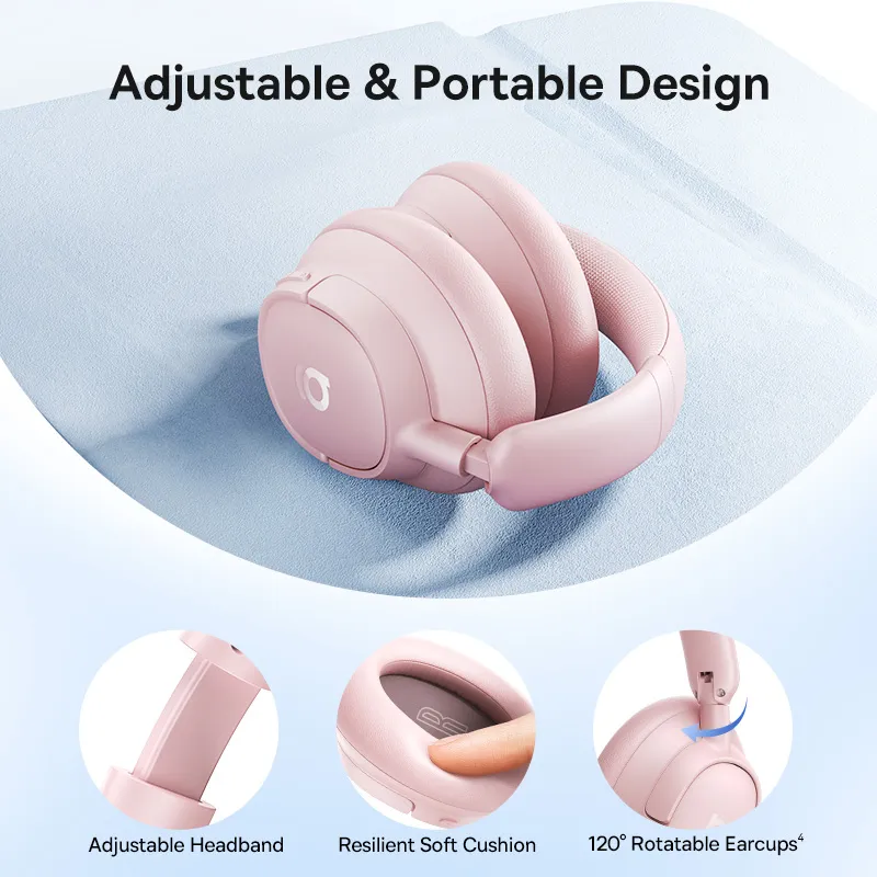 Casque rose avec bandeau réglable, coussinets doux et oreillettes pivotantes.